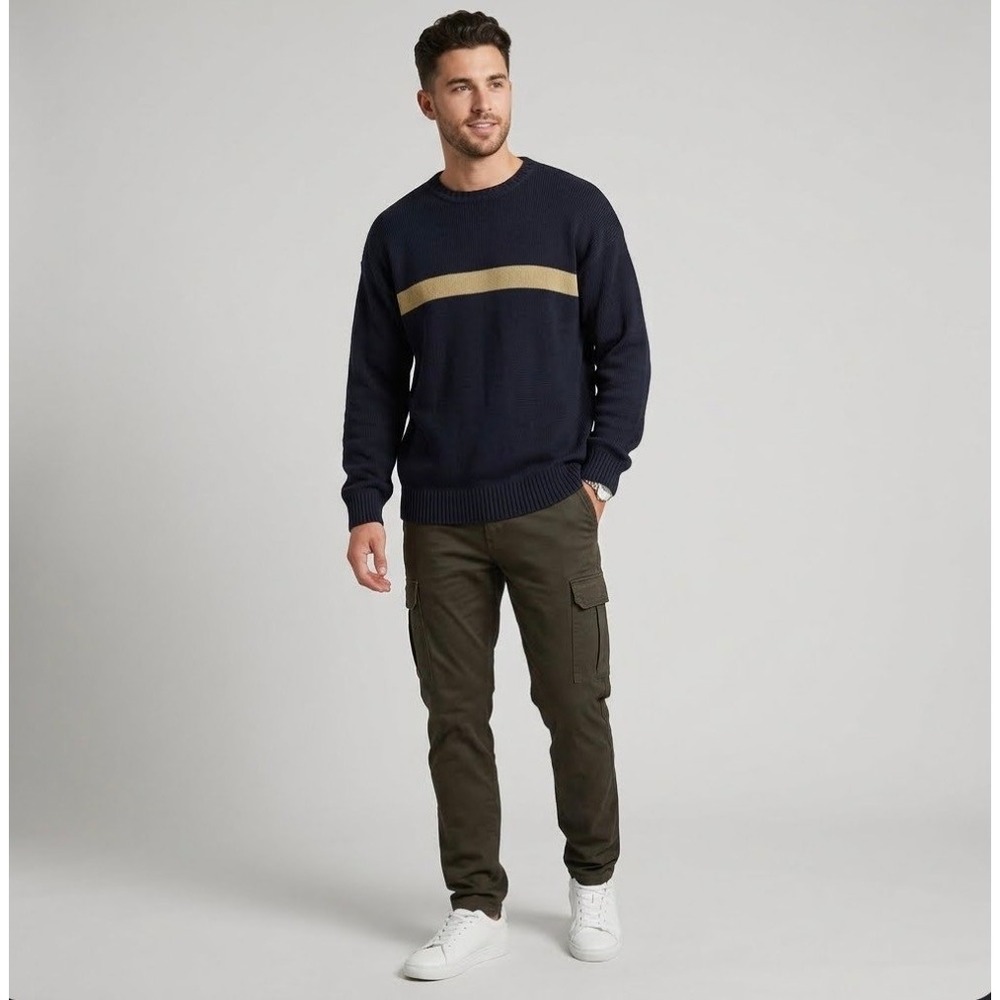Abercrombie & Fitch Sweater Vtg Mens Large Navy Blue Stripe Chunky Knit 90's y2K